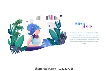 Concept in flat style with woman. Businesswoman works in office. Creative atmosphere. Vector illustration.