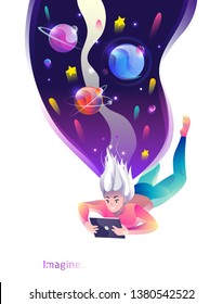 Concept in flat style with woman falling down with tablet. Space and planets.  Internet freedom, free wifi, on-line education, game, on-line shopping, reading, inspiration. Vector illustration.