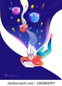 Concept in flat style with woman falling down with tablet. Space and planets. Education, game, reading, inspiration, imagination, fantasy. Vector illustration.
