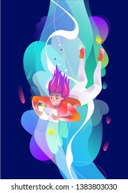Concept in flat style with woman falling down with book. Education, game,  reading, inspiration, imagination, fantasy. Vector illustration.