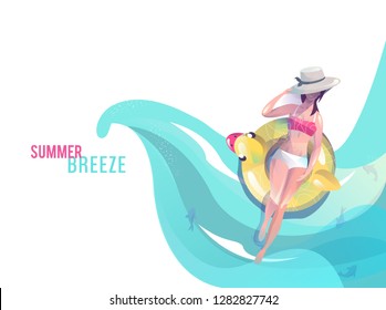 Concept in flat style with woman floating with circle. Vacation and relaxion. Sunbathing. Vector illustration.