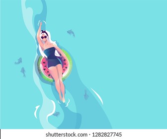 Concept in flat style with woman floating with circle. Vacation and relaxion. Sunbathing. Vector illustration.