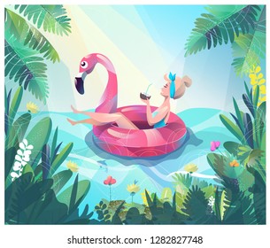 Concept in flat style with woman floating with circle. Vacation and relaxion. Sunbathing. Vector illustration.