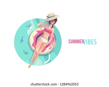 Concept in flat style with woman floating with circle. Vacation and relaxion. Sunbathing. Vector illustration.