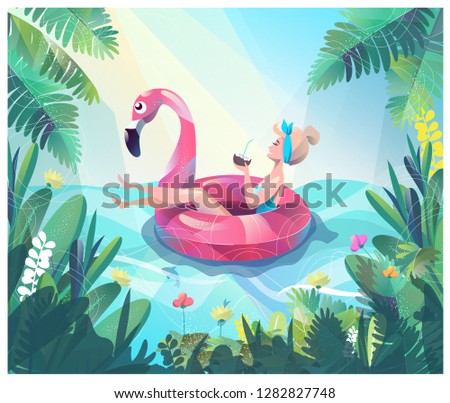 Concept in flat style with woman floating with circle. Vacation and relaxion. Sunbathing. Vector illustration.