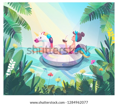 Concept in flat style with woman floating with circle. Vacation and relaxion. Sunbathing. Vector illustration.