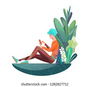 Concept in flat style. Young man sitting in park and chatting. Mobile phone. Free wi-fi. Surf the internet. Vector illustration.