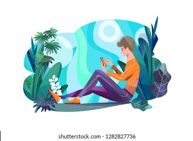 Concept in flat style. Young man sitting in park and chatting. Mobile phone. Free wi-fi. Surf the internet. Vector illustration.
