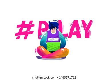 Concept in flat style with young man sitting with laptop. On-line working, playing and education. Typography with hashtag "play". Vector illustration.