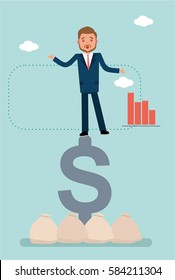 Concept flat vector business illustration. Stock broker. A businessman falls from the dollar sign.