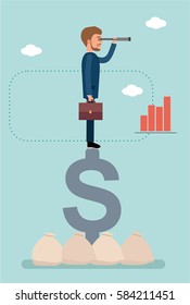 Concept flat vector business illustration. Stock broker. Businessman standing on dollar sign and looking through a telescope.