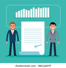 Concept flat vector business illustration. Agreement. Business people standing next to the signed contract.