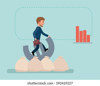 Concept flat vector business illustration. Stock exchange. Financial Rodeo. Young broker riding a Euro sign, he's trying to resist.