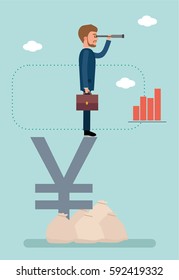 Concept flat vector business illustration. Stock exchange. Stock broker. Businessman standing on yen sign and looking through a telescope. Analyzes the market
