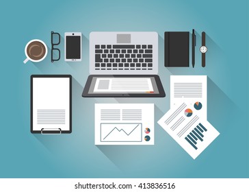 Concept flat vector illustration of businessman office desk with a laptop, paperwork, report, organizer, pen, smartphone, clipboard, glasses, coffee, watches with light shadows. Top view.