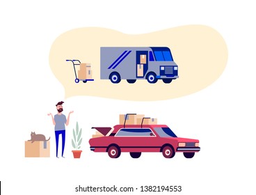 Concept flat vector illustration of a man who loads property in car and planning to call a big van, because he has too many boxes and everything does not fit in his car. 