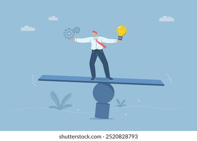 Concept of flexibility and adaptability, Flexibility or agility in response to uncertain situations, Adapting strategies to adverse business situations, Businessman balancing on a plank. Vector.
