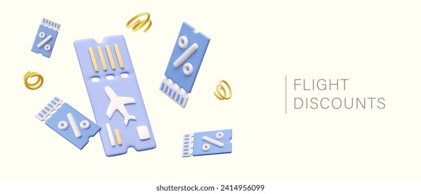 Concepto de descuentos de vuelo. Cartel con billetes de avión realistas y cupones de vuelo con descuentos. Promoción de venta de viajes. Ilustración vectorial en estilo 3d con lugar para texto