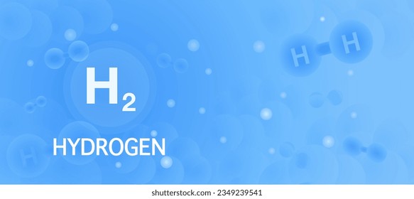 Concept floating round elements and molecules with text H2 and Hydrogen energy. Abstract blue background for website banner in bright blue. 