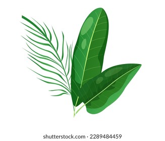Concept Flora plant flower branch leaf. This flat vector design features a lush green plant brunch with vibrant green leaves, all depicted in a whimsical cartoon style. Vector illustration.