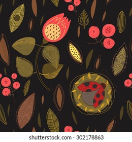 Concept floral seamless pattern with summer flowers,leafs and ladybug.Can be used for wallpaper, pattern fills, web page background,surface textures