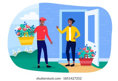 The Concept Of Flower Delivery With A Girl Standing On The Doorstep And Meeting A Courier Who Brings Her A Large Basket Of Flowers. Flat Vector Illustration With Fictional Characters.