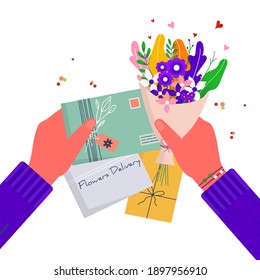 Concept for flower delivery with hand holding bouquet and craft paper envelope. Online delivery service. Vector illustration for web with bouquet, parcel, pack