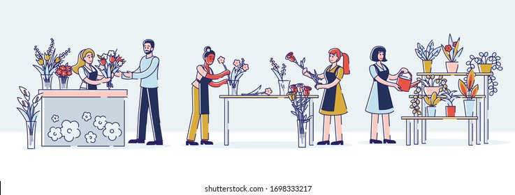 Concept Of Flower Shop. Women Make And Sell Beautiful Bouquets Of Flowers In The Store. Man Customer Buy Bouquet For Mother, Wife Or Girlfriend. Cartoon Linear Outline Flat Style. Vector Illustration