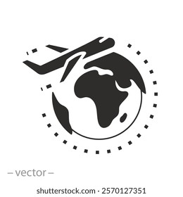 concept fly airplane and world, international travel on plane icon, airline logo, flight around earth globe, flat vector illustration