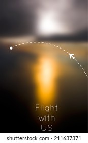 Concept of fly with us advertising. Plane in realistic vector blured sunset sky with route and destination point.
