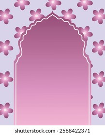 Concept of a flyer with purple spring flowers. Background with arch frame poster