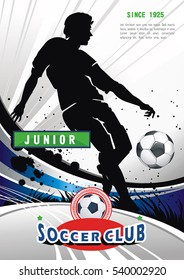 Concept flyer of soccer Action Player. Abstract football poster. Vector background for design. Original illustration sports series with place for your text, eps8.