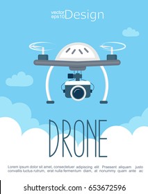 Concept of the flying drone with the camera on the sky background. Vector illustration.