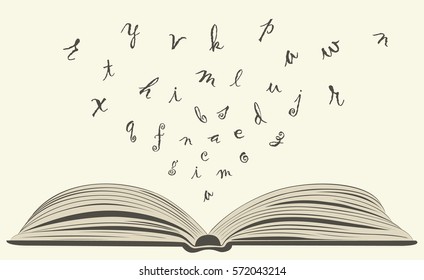 concept of flying letters from old open book