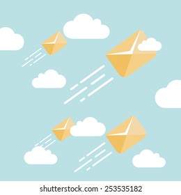 Concept flying letters in sky. Flat design colored vector illustration.