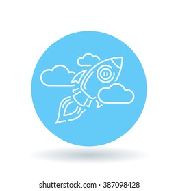 Concept flying rocket icon. Spaceship and clouds sign. Rocket ship symbol. White icon on blue circle background. Vector illustration.
