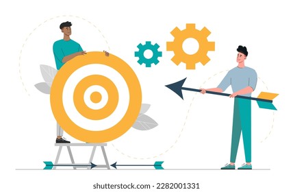 Concept of focus. Man with arrow in his hand in front of target. Motivation and leadership, attention. Goal setting and planning. Business target and objective. Cartoon flat vector illustration