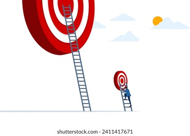 concept Focus on short term goals to achieve long term success, smart businessman climbing the ladder to achieve short term goals, financial goals or projects, strategies or business plans.