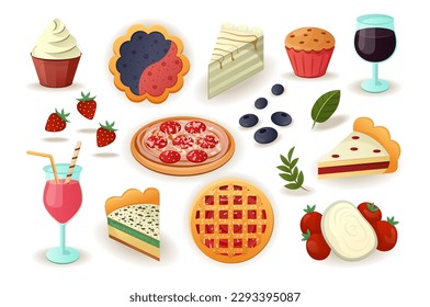 Concept Food. A colorful set of flat cartoon designs featuring various dishes on a white background. Vector illustration.