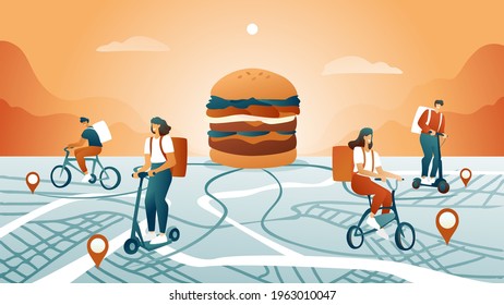 Concept of food delivery on bicycles and electric scooters. Young guys with messenger bag flasks deliver food against the background of an abstract map of the city. Big burger, uniformed delivery men.