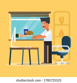 Concept for food delivery service. Hands of courier with hamberger and soda from com puter screen flat vector design ,customer wait from home. Vector illustration.