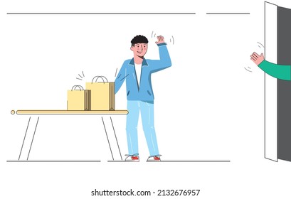 Concept of a food delivery service. A person picks up his order from the courier. The courier delivered the order to the customer's house.