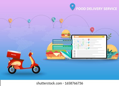 Concept of food delivery service, Scooter is on the front. The display of laptop contain map, GPS and customer rating and reviews. Hamburger are in the background together with map, route of shipment.