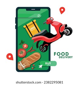 El concepto de un servicio de entrega de comida, una moto o una moto con una caja amarilla sale de la pantalla del smartphone, en la pantalla están los productos alimenticios, tomates, panes, bayas, pimientos. Tienda en línea