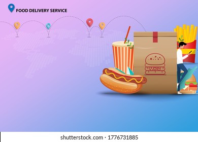 Concept Of Food Delivery Service, Young Man Is Holding A Smartphone And Standing Near Hamburger Bag To Order Fast Food (sparkling Water, Hot Dog, Hamburger And French Fries) In Pastel Color Background