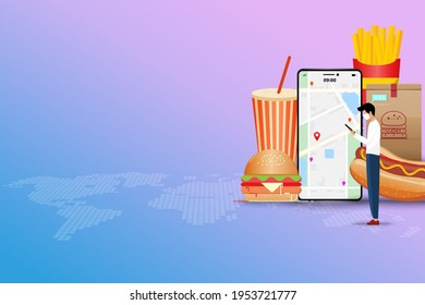 Concept of food delivery service, young man wear a face mask and hold smartphone to order fast food (sparkling water, hot dog, hamburger and french fries) and track the shipment that shown on screen.