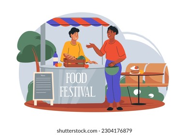 Concept food festival with people scene in the flat cartoon design. Woman came to a food festival to eat something delicious. Vector illustration.