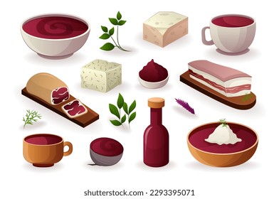 Concept Food. A flat, cartoon-style set of various food items designed on a white background. Vector illustration.