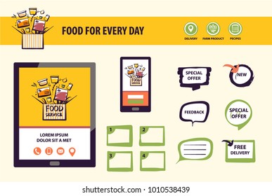 Concept food near me for every day. Open box with recipe ingredient. Homemade cuisine for home, office. Vector illustration. Screen tablet, phone for app delivery service company. 
