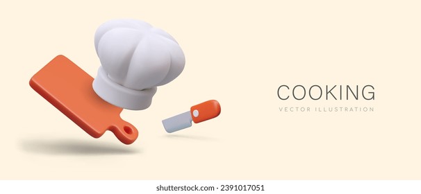 Concept of food preparation. White chef hat, knife, cutting board. Advertisement of cooking school, course, master class in cartoon style. Vector mockup of announcement, invitation